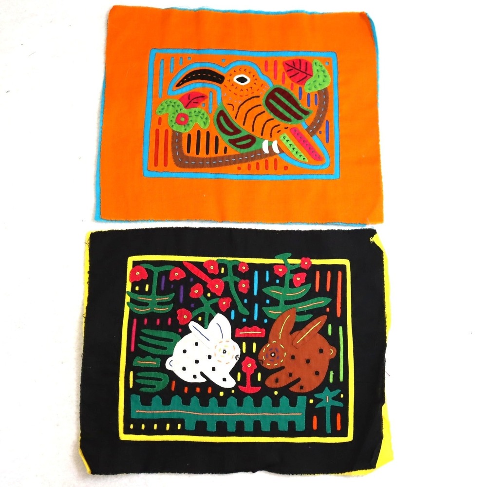 Vintage Kuna Mola Textile‎ Panels Pair Folk Art Animals